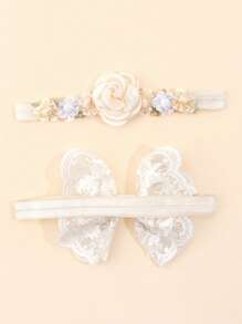 2pcs Baby Bow & Flower Decor Polyester Headband Love Valentine - Beige - View 3