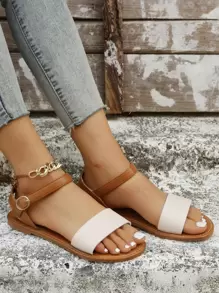 Giày sandal quai ngang hai màu cho nữ, sandal thanh lịch bằng da nhân tạo, thích hợp cho hoạt động ngoài trời, mùa xuân hè. - Màu be - Xem 2