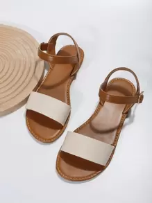 Giày sandal quai ngang hai màu cho nữ, sandal thanh lịch bằng da nhân tạo, thích hợp cho hoạt động ngoài trời, mùa xuân hè. - Màu be - Xem 3