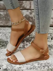 Giày sandal quai ngang hai màu cho nữ, sandal thanh lịch bằng da nhân tạo, thích hợp cho hoạt động ngoài trời, mùa xuân hè. - Màu be - Xem 7