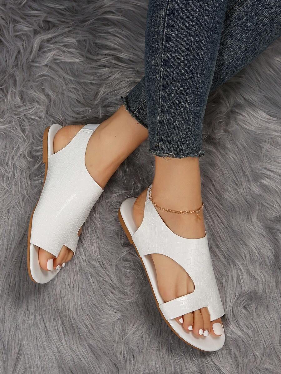 Women Crocodile Embossed Cut Out Thong Sandals, Artificial Leather Slingback Fashion Sandals White - White - View 1