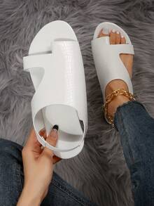Women Crocodile Embossed Cut Out Thong Sandals, Artificial Leather Slingback Fashion Sandals White - White - View 5