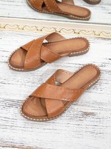 女式鉚釘裝飾交叉帶拖鞋涼鞋人造皮革朋克涼鞋棕色 - 棕色 - 查看 5