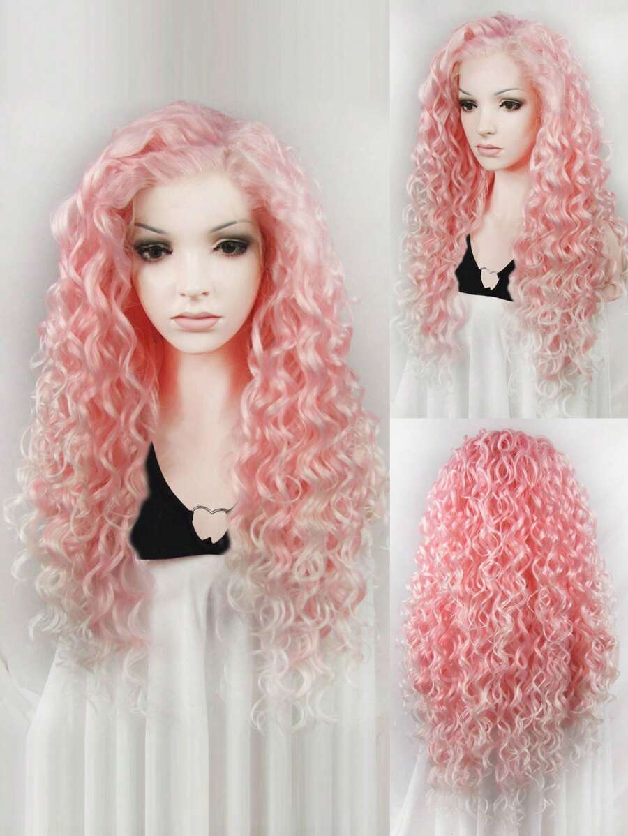 Tóc giả tổng hợp xoăn dài 13 X 2 ren phía trước - Hồng - Xem 1