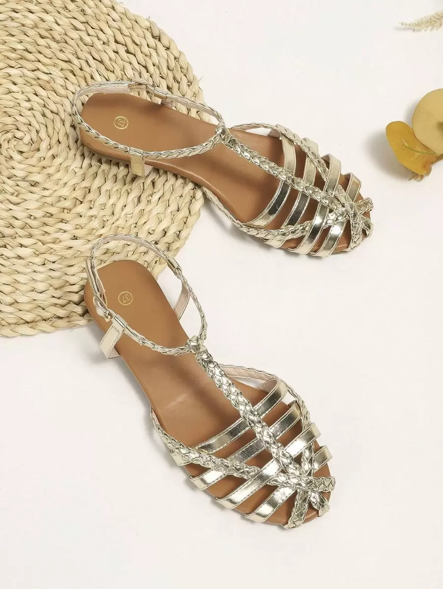 Women Metallic Braided Design Flat Sandals, Vacation Gold Slingback Sandals