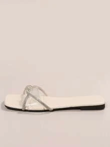 Women Rhinestone Decor Clear Strap Flat Sandals, Fashion PVC Slide Sandals Valentines - Beige - View 4