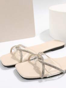 Women Rhinestone Decor Clear Strap Flat Sandals, Fashion PVC Slide Sandals Valentines - Beige - View 7