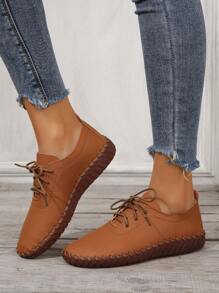 女士寬版人造皮革前綁帶時尚平底鞋戶外