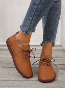 女士寬版人造皮革前綁帶時尚平底鞋戶外