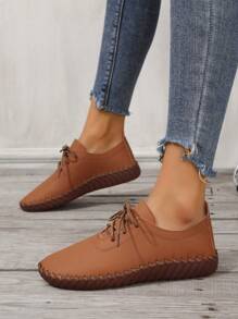 女士寬版人造皮革前綁帶時尚平底鞋戶外