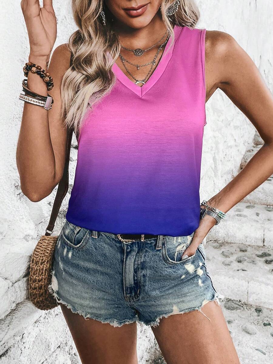 SHEIN LUNE Ombre V Neck Tank Top - Multicolor - View 1