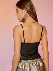 SHEIN BAE 蕾絲拼接褶邊緊身吊帶 - 黑色 - 查看 2