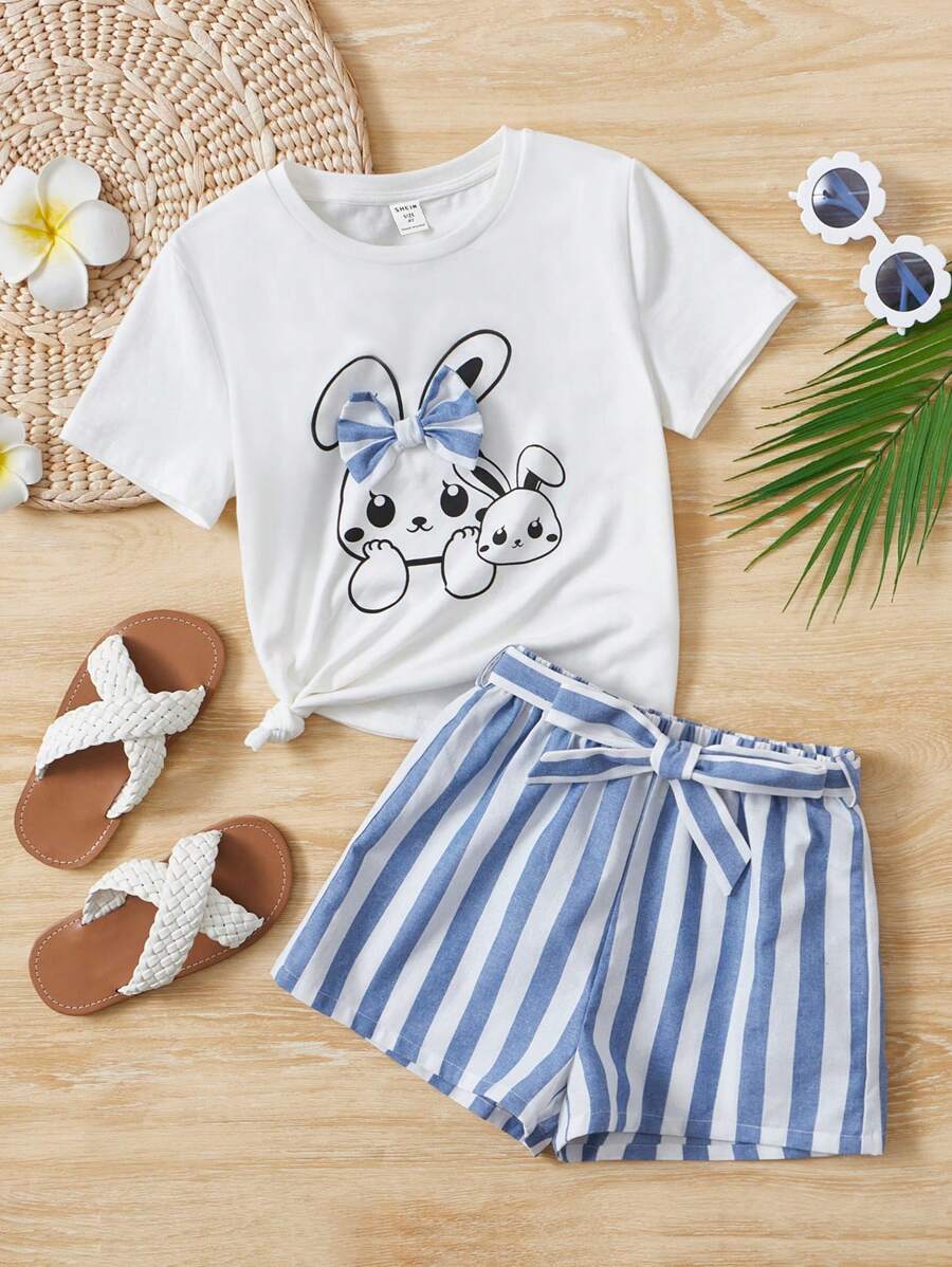 SHEIN 小女童卡通圖案T恤和條紋圖案附腰帶短褲 - 彩色 - 查看 1