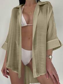 Solid Open Front Kimono Without Bikini - Khaki - View 1