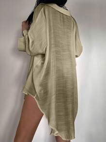 Solid Open Front Kimono Without Bikini - Khaki - View 2