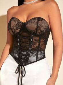 SHEIN SXY 前繫帶蕾絲抹胸上衣 - 黑色 - 查看 6