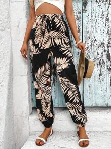 Breezaya 熱帶圖案前打結運動褲 - 黑色 - 查看 1