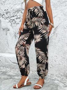 Breezaya 熱帶圖案前打結運動褲 - 黑色 - 查看 6