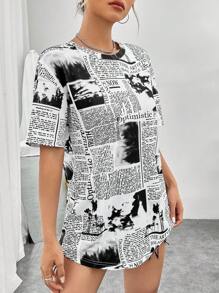 SHEIN EZwear Newspaper Print Drop Shoulder Tee THE ART OF FINDING BALANCE - Black and White - View 5