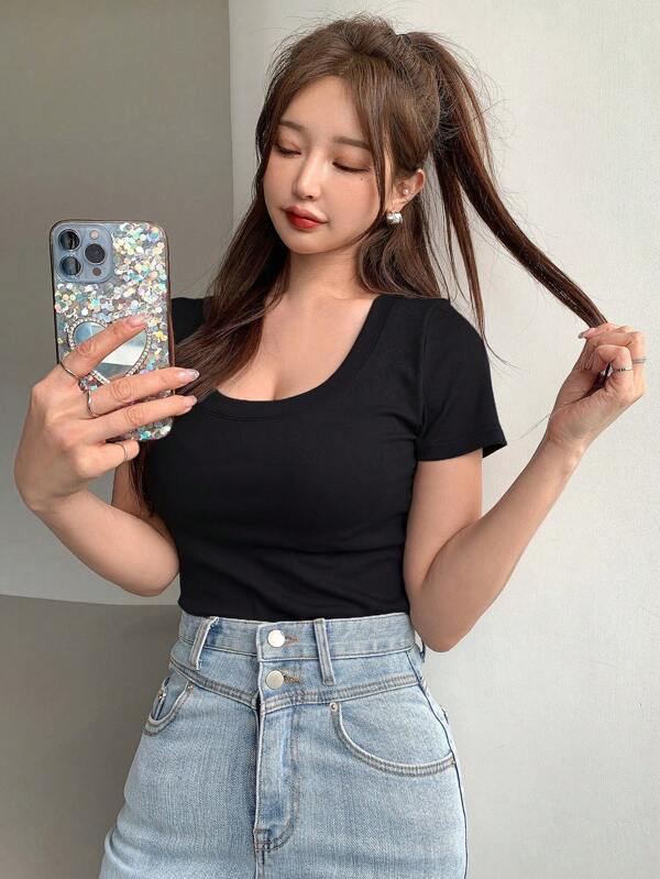 DAZY Solid Scoop Neck Tee SHEIN USA