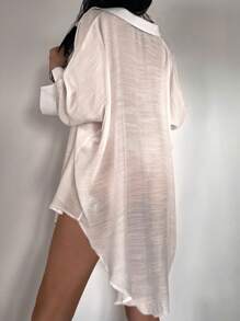 Collared Split Cuff Dip Hem Kimono - White - View 2