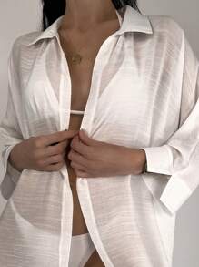 Collared Split Cuff Dip Hem Kimono - White - View 3