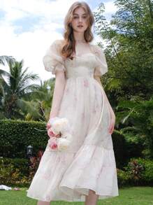 Floral Print Puff Sleeve Dress - Baby Pink - View 1