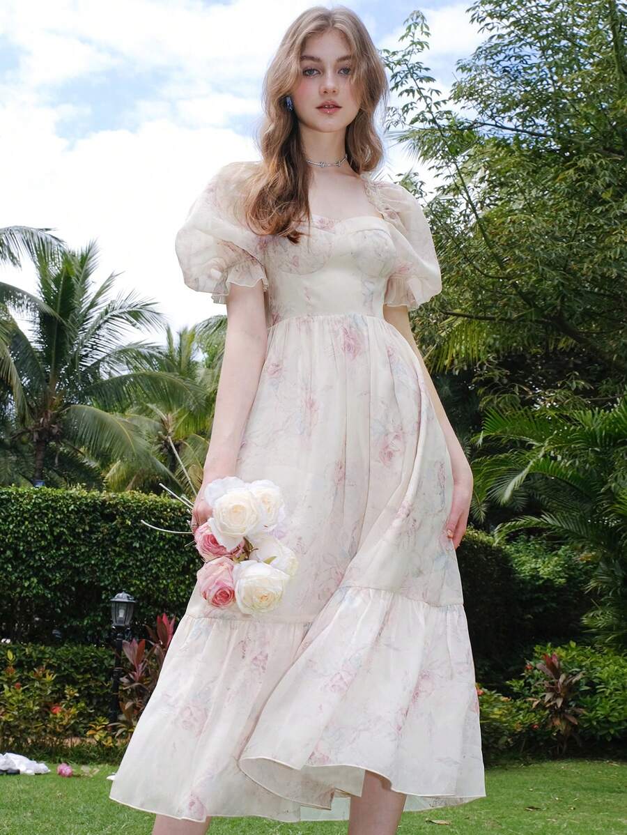 Floral Print Puff Sleeve Dress - Baby Pink - View 1