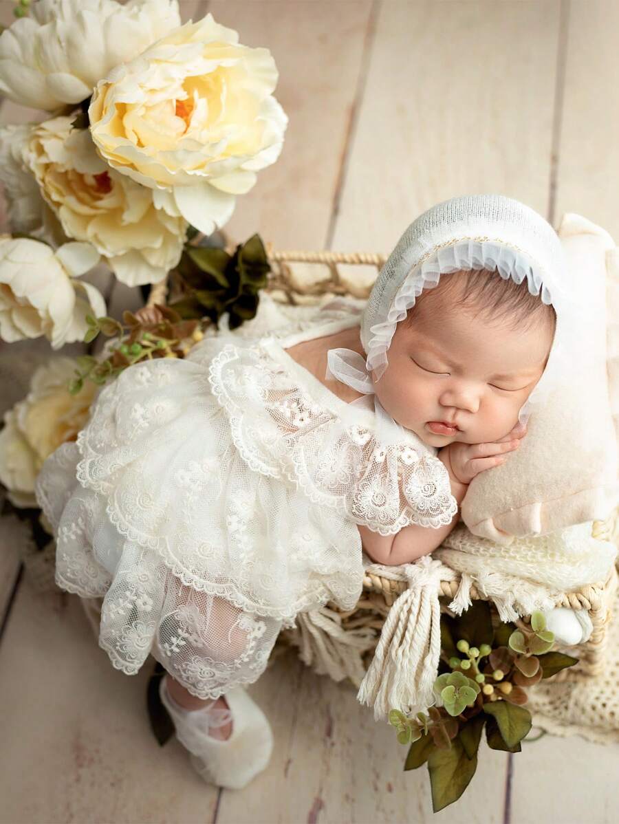 SHEIN Baby Girl Newborn Photography Ruffle Lace Trim Overall Bodysuit & Hat & Shoes - Beige - View 1