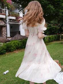 Floral Print Puff Sleeve Dress - Baby Pink - View 2