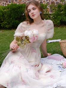 Floral Print Puff Sleeve Dress - Baby Pink - View 3