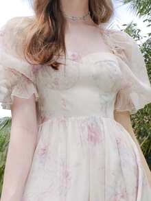 Floral Print Puff Sleeve Dress - Baby Pink - View 5