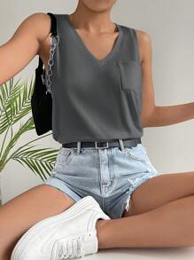 SHEIN Essnce Solid Pocket Patched Tank Top - Dark Grey - View 1