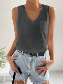 SHEIN Essnce Solid Pocket Patched Tank Top - Dark Grey - View 3