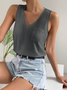 SHEIN Essnce Solid Pocket Patched Tank Top - Dark Grey - View 5
