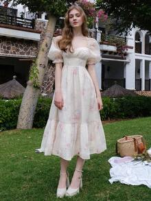 Floral Print Puff Sleeve Dress - Baby Pink - View 6