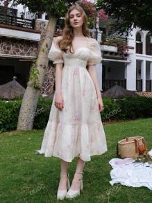 Vestido con estampado floral de manga farol