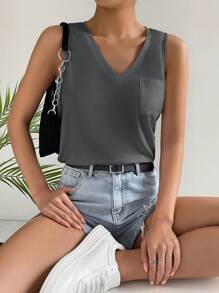 SHEIN Essnce Solid Pocket Patched Tank Top - Dark Grey - View 7