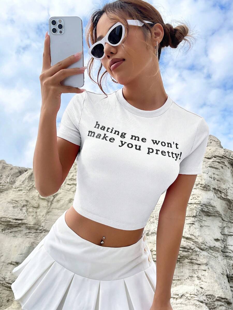 SHEIN EZwear 标语图案短款 T 恤恨我并不会让你漂亮 - 白色 - 查看 1