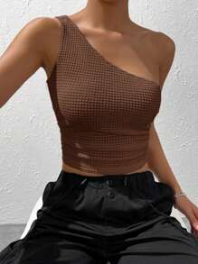 Muchica Áo nữ Bất đối xứng màu trơn Giải trí - màu nâu - Xem 3