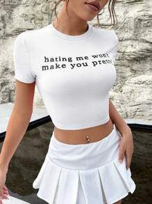 SHEIN EZwear 标语图案短款 T 恤恨我并不会让你漂亮 - 白色 - 查看 4