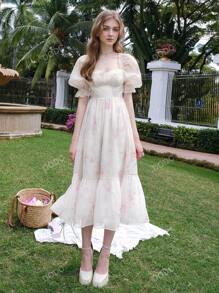 Vestido con estampado floral de manga farol
