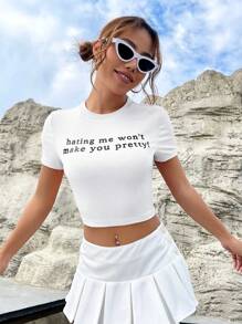 SHEIN EZwear 标语图案短款 T 恤恨我并不会让你漂亮 - 白色 - 查看 5