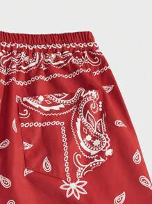 ROMWE MEN Street Life 男士佩斯利印花抽绳腰工装裤，学校风 - 紅色 - 查看 3