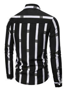 男士拼接邊前紐扣襯衫 - 黑與白 - 查看 2