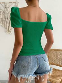 SHEIN VCAY 素色前打結雞心領口泡泡袖T恤 - 綠色 - 查看 2