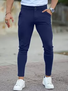 Men Solid Slant Pocket Skinny Pants - Navy Blue - View 1