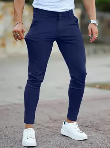 Men Solid Slant Pocket Skinny Pants - Navy Blue - View 4