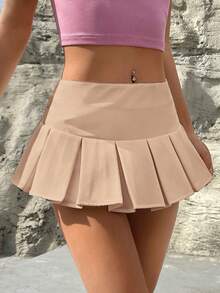 SHEIN Qutie 素色百褶下擺迷你半身裙 - 杏色 - 查看 4