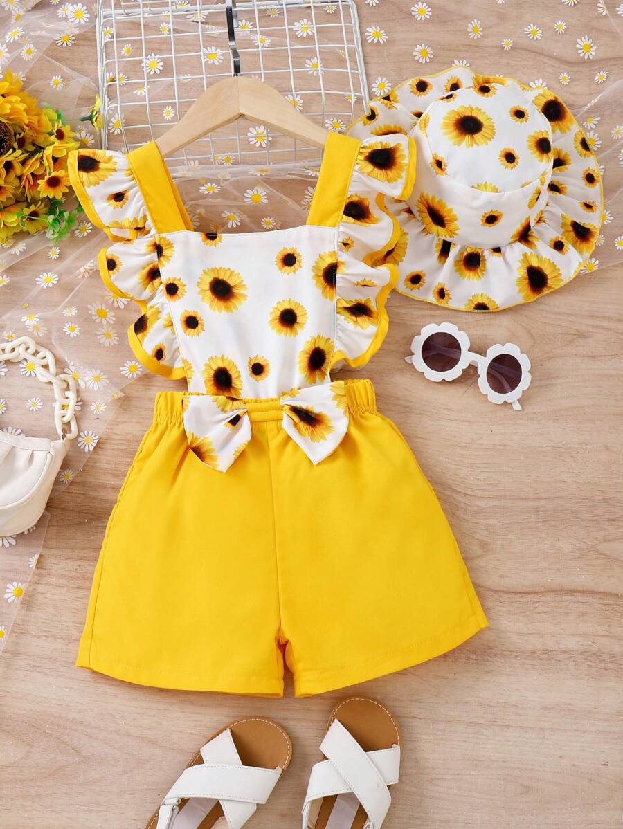 SHEIN 小女童向日葵圖案荷葉邊前蝴蝶結背帶連體短褲帶配件帽 - 彩色 - 查看 1